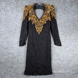 Vtg 80s XOANON Beaded Sequin Silk Cocktail Dress M Black Gold Cutout Back party